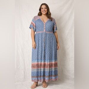 Avenue Blue and Pink V-Neck Maxi Sundress